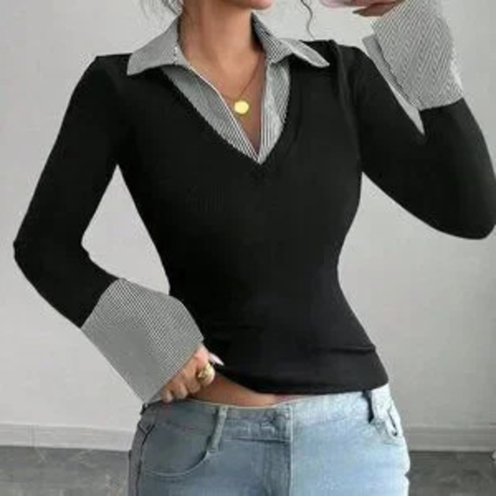 ZARA Black Casual Women's Striped V-Neck Slim Fit Top